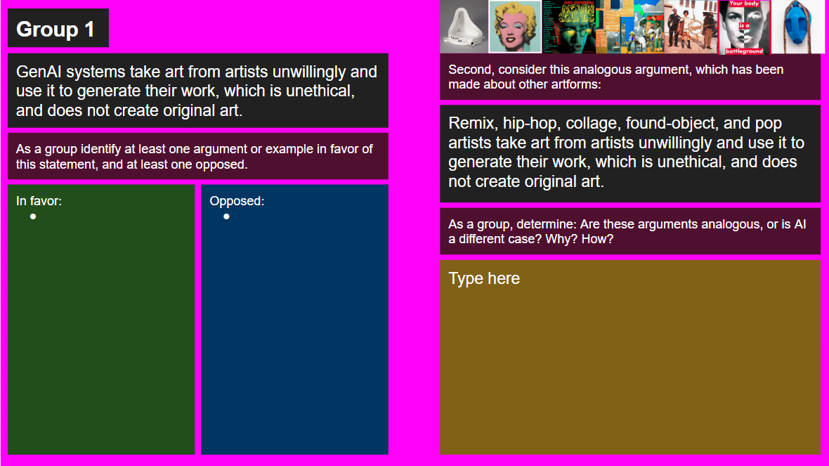 Slide comparing arguments about genAI scraping to arguments about artistic appropriation.