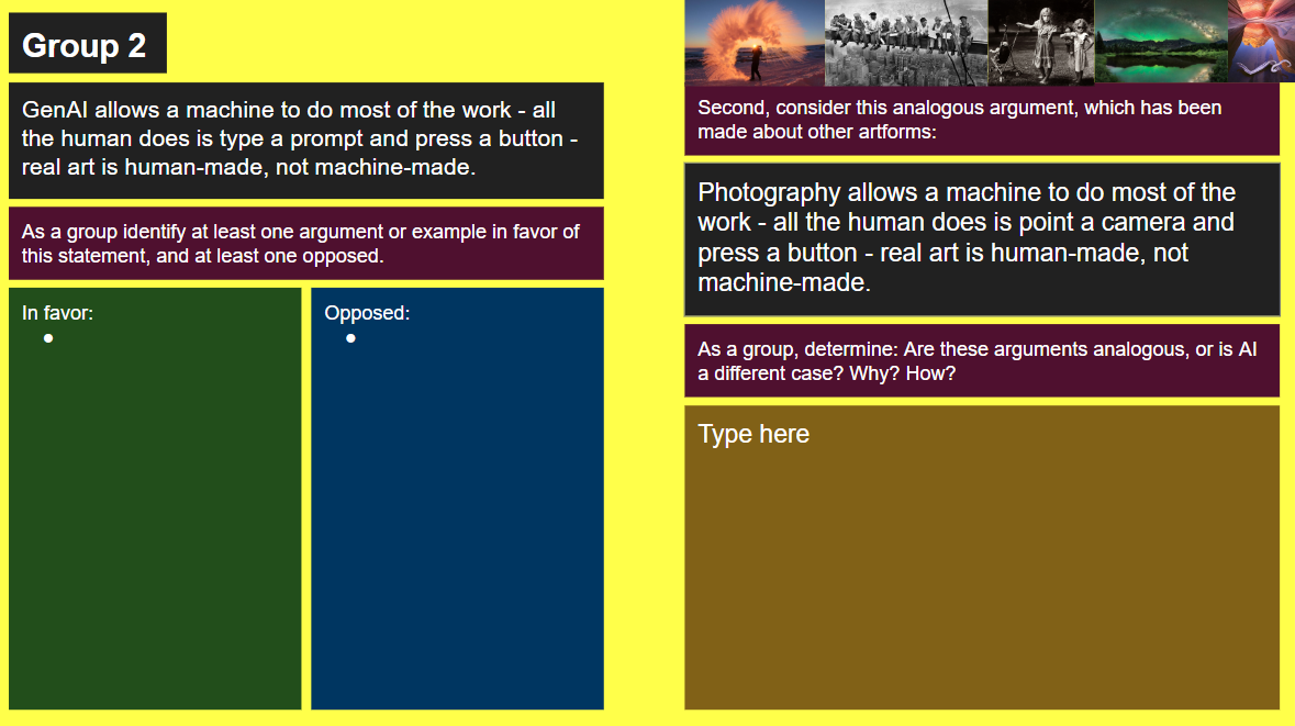 Slide comparing arguments about lack of human hand in genAI to arguments about photography.