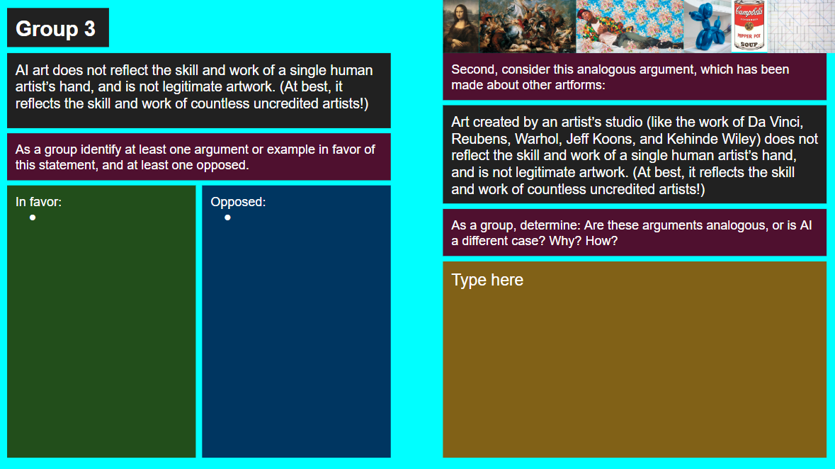 Slide comparing arguments about uncredited collective labor in genAI art to arguments about artist workshops and studios which use uncredited laborers.